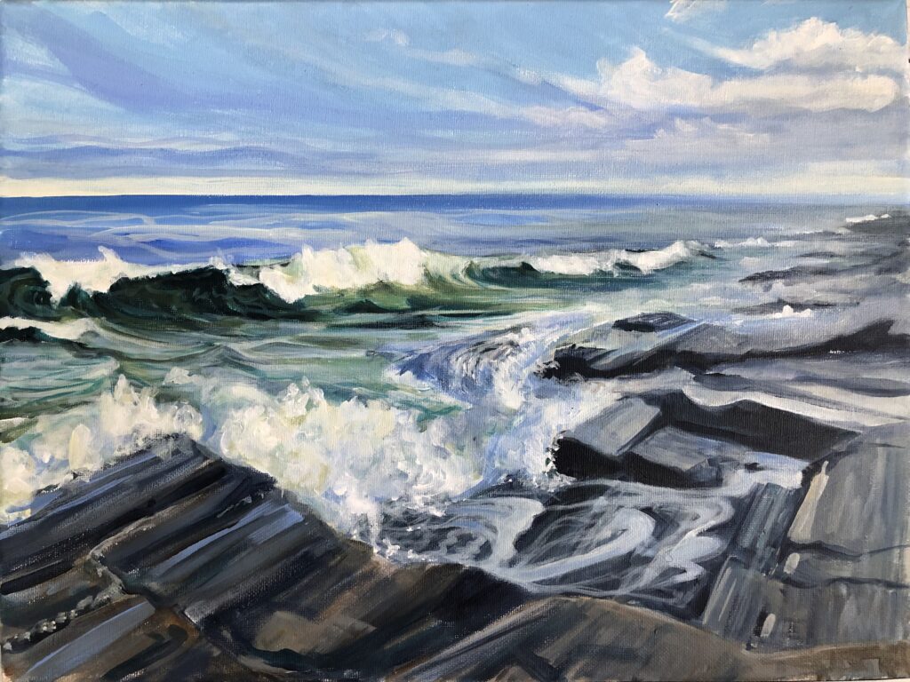 Painting of Two Lights rocks and waves