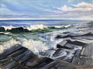 Painting of Two Lights rocks and waves